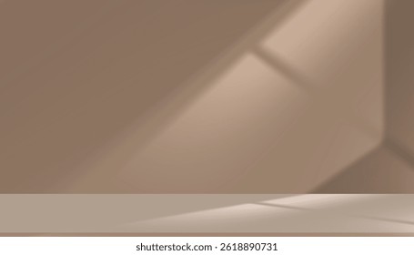 Background Beige Product Display, Brown Studio With Light, Plain Indoor Wallpaper And Window Architecture, Abstract Design With 3D Banner, Minimal Podium, Cosmetic Mockup And Modern Presentation