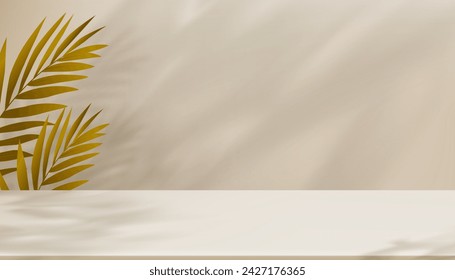 Background Beige Studio and Podium with shadow coconut palm leaves on cement floor,Backdrop Background 3D Display Room with Stand Concept for Cosmetic product presentation Online shop in Autumn,Summer