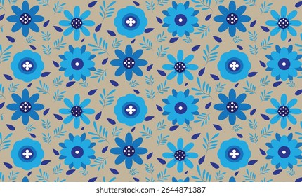 Fundo com tons beges e composto de florais azuis com detalhes brancos.