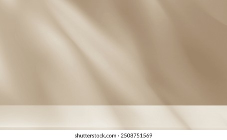 Background Beige Wall with Shadow ,Light.Brown Studio Room and 3d Podium for Cosmetic Product,White light on Interior Kitchen Mockup.Backdrop Banner Cream Color with Blur Sunlight Texture on Floor