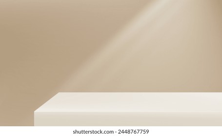 Background Beige Wall Studio Room with Light,Shadow on Table,Backdrop for Spring,Summer product presentation,Empty 3D Display Room with Stand Concept for Web Banner in Autumn,Fall Season