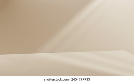 Background Beige Wall Studio Room with Light,Shadow on Table,Light Brown Backdrop for Spring,Summer product presentation,Empty 3D Display Room with Stand Concept for Web Banner in Autumn,Fall Season