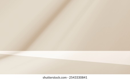 Cuarto de estudio de la pared del beige y luz blanca, sombra en el podio para el Producto cosmético, cocina interior con el gradiente del color de la crema borrosa, Anuncio 3d de la escena del telón de fondo con la luz del sol en la textura del piso