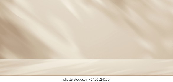 Background Beige Wall Studio with Shadow and Light on Surface Texture on floor,Spring Backdrop Empty Room with Podium Display and Top Shelf Bar for Product,Template Banner for Autumn collection