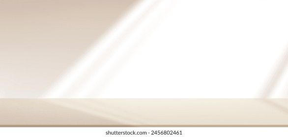 Background Beige Wall Studio with Shadow and Light on Surface Texture on floor,Spring Backdrop Empty Room with Brown Podium Display and Top Shelf Bar for Product,Template Banner for Autumn collection