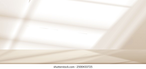 Background Beige Wall Studio with Shadow and Light on Surface Texture on floor,Spring Backdrop Empty Room with Podium Display and Top Shelf Bar for Product,Template Banner for Autumn collection