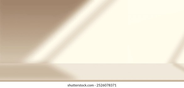 Hintergrund Beige Wandstudio mit Schatten und Licht auf Oberflächenstruktur auf dem Boden, Frühling Hintergrund leeres Zimmer mit Podium-Display und Top-Regal-Bar für Produkt, Vorlage Banner für Herbst-Kollektion