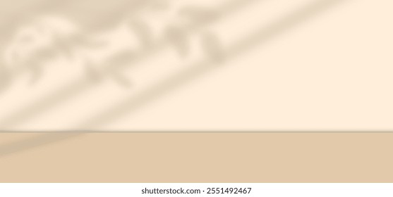 Background beige Wall Studio with Shadow Nature leaves on cement Floor,Empty Mockup Backdrop 3d Room Background Display Podium Stand Concept for Cosmetics,product presentation,Sale,Online in Autumn