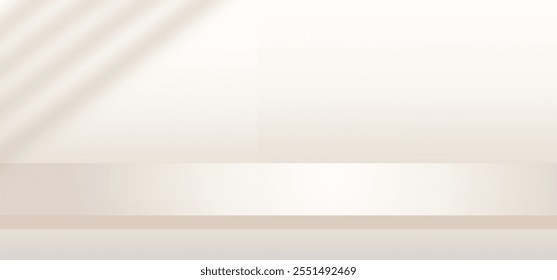 Background Beige Wall Studio with Shadow and Light on Surface Texture on table,Spring Backdrop Empty Room with Podium Display and Top Shelf Bar for Product,Template Banner for Autumn collection
