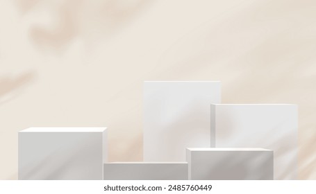 Background Beige,Studio Room with shadow leaves on 3d Podium Stand,Backdrop Display Stage Concept for Cosmetic product presentation,Sale,Online shop in Autumn,Fall Season