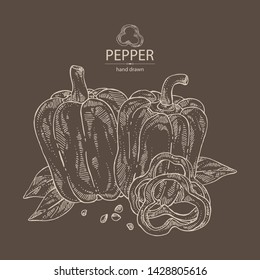 Background with bell pepper,: a piece of bell pepper, and seeds. Vector hand drawn illustration.