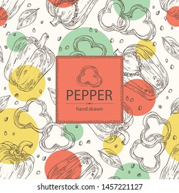 Background with bell pepper,: a piece of bell pepper, and seeds. Vector hand drawn illustration.