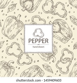 Background with bell pepper,: a piece of bell pepper, and seeds. Vector hand drawn illustration.