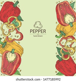 Background with bell pepper,: a piece of bell pepper, and seeds. Vector hand drawn illustration.