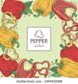 Background with bell pepper,: a piece of bell pepper, and seeds. Vector hand drawn illustration.