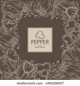 Background with bell pepper,: a piece of bell pepper, and seeds. Vector hand drawn illustration.