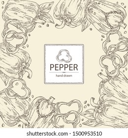 Background with bell pepper,: a piece of bell pepper, and seeds. Vector hand drawn illustration.