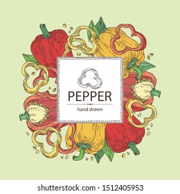 Background with bell pepper,: a piece of bell pepper, and seeds. Vector hand drawn illustration.