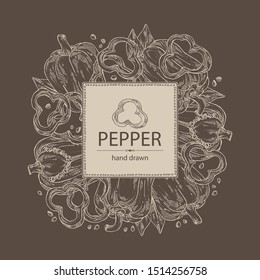 Background with bell pepper,: a piece of bell pepper, and seeds. Vector hand drawn illustration.