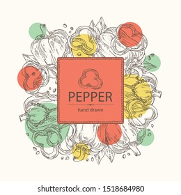 Background with bell pepper,: a piece of bell pepper, and seeds. Vector hand drawn illustration.