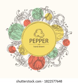 Background with bell pepper,: a piece of bell pepper, and seeds. Vector hand drawn illustration.