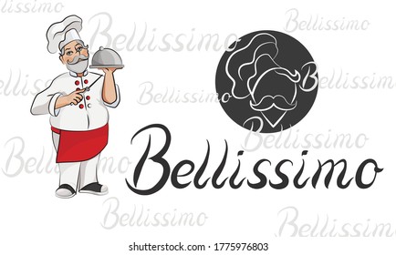 Background "Bellissimo", text with cook man character icon. A well-fed male cook or chef, . 