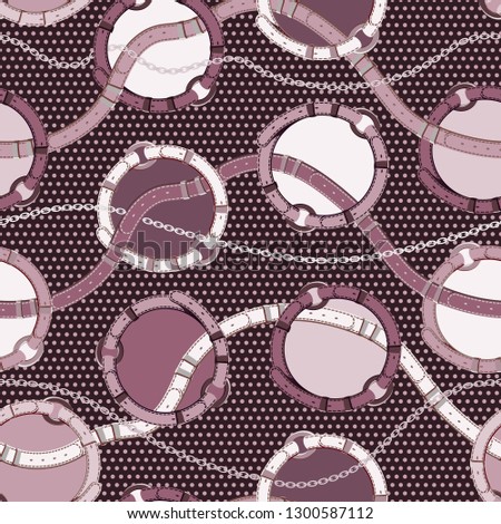 Background with belts , buckles, chains. Colorful abstract seamless pattern. Polka dots design. Fashine illustration.Vector 