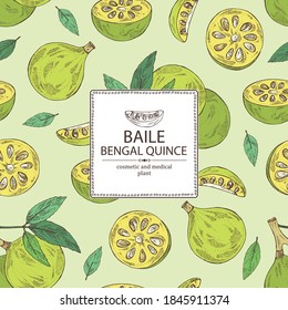 Background with bengal quince: baile fruit and bengal quince slice. Sacred plant. Cosmetic and medical plant. Vector hand drawn illustration