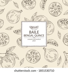 Background with bengal quince: baile fruit and bengal quince slice. Sacred plant. Cosmetic and medical plant. Vector hand drawn illustration