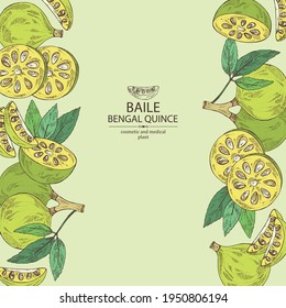 Background with bengal quince: baile fruit and bengal quince slice. Sacred plant. Cosmetic and medical plant. Vector hand drawn illustration