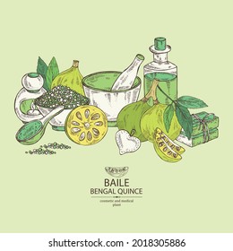 Background with bengal quince: baile fruit, bengal quince slice. Sacred plant. Oil, soap and bath salt . Cosmetics and medical plant. Vector hand drawn illustration