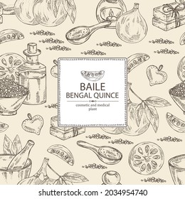 Background with bengal quince: baile fruit, bengal quince slice. Sacred plant. Oil, soap and bath salt . Cosmetics and medical plant. Vector hand drawn illustration