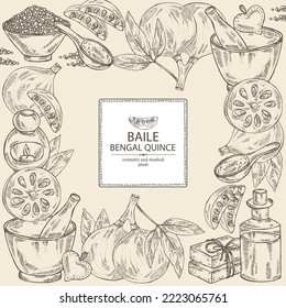 Background with bengal quince: baile fruit, bengal quince slice. Sacred plant. Oil, soap and bath salt . Cosmetics and medical plant. Vector hand drawn illustration