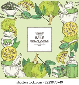 Background with bengal quince: baile fruit, bengal quince slice. Sacred plant. Oil, soap and bath salt . Cosmetics and medical plant. Vector hand drawn illustration