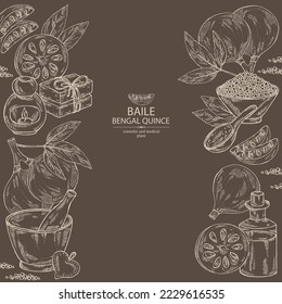 Background with bengal quince: baile fruit, bengal quince slice. Sacred plant. Oil, soap and bath salt . Cosmetics and medical plant. Vector hand drawn illustration