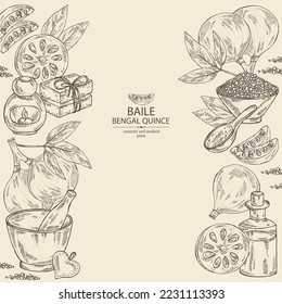 Background with bengal quince: baile fruit, bengal quince slice. Sacred plant. Oil, soap and bath salt . Cosmetics and medical plant. Vector hand drawn illustration