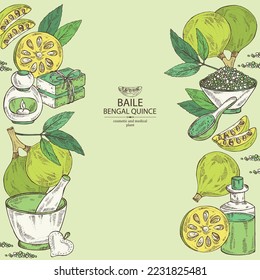 Background with bengal quince: baile fruit, bengal quince slice. Sacred plant. Oil, soap and bath salt . Cosmetics and medical plant. Vector hand drawn illustration