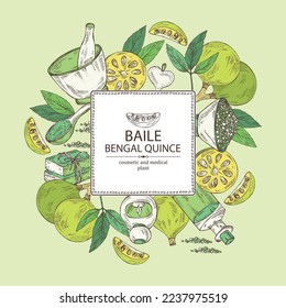 Background with bengal quince: baile fruit, bengal quince slice. Sacred plant. Oil, soap and bath salt . Cosmetics and medical plant. Vector hand drawn illustration