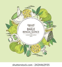 Background with bengal quince: baile fruit, bengal quince slice. Sacred plant. Oil, soap and bath salt . Cosmetics and medical plant. Vector hand drawn illustration