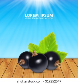 Background with berries of black currant with green leaf on wooden surface. Template for design. EPS10 vector