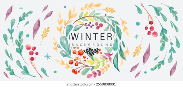 Background with berries, branches and snowflakes in watercolour style in vector.