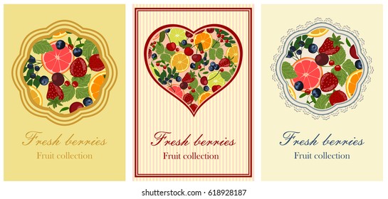 Background with berries and citrus. Slices of lemon, orange, lime, blueberries, cranberries, lingonberries, cherries and strawberries.