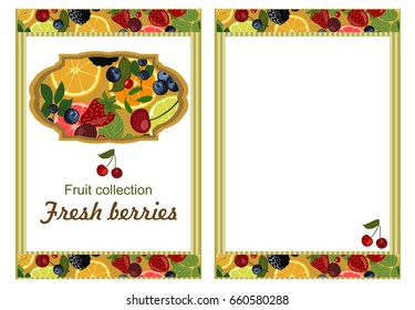 Background with berries and citrus. Slices of lemon, orange, lime, blueberries, cranberries, lingonberries, cherries and strawberries.