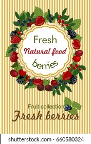 Background with berries and citrus. Slices of lemon, orange, lime, blueberries, cranberries, lingonberries, cherries and strawberries.