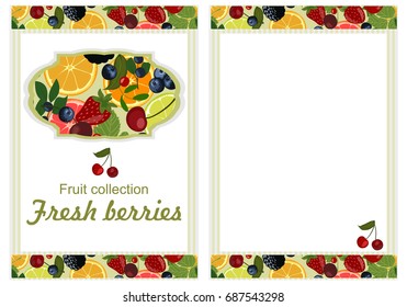 Background with berries and citrus. Slices of lemon, orange, lime, blueberries, cranberries, lingonberries, cherries and strawberries.
