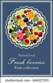 Background with berries and citrus. Slices of lemon, orange, lime, blueberries, cranberries, lingonberries, cherries and strawberries.