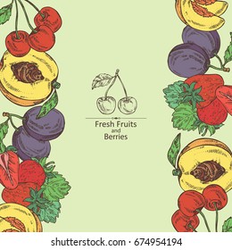 Background with berries and fruits: cherry, plum, peach and strawberry. Vector hand drawn illustration.