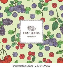 Fondo con bayas: lingonberries, cereza, arándano y boysenberry. Vector dibujado a mano ilustración.