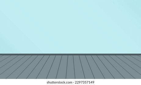 Background BG. Empty Room With Parquet Floor And Blue Striped Wall Wallpaper. Clean Pastel Home House Resident Interior. Textured Vector Cartoon Comic Illustration.