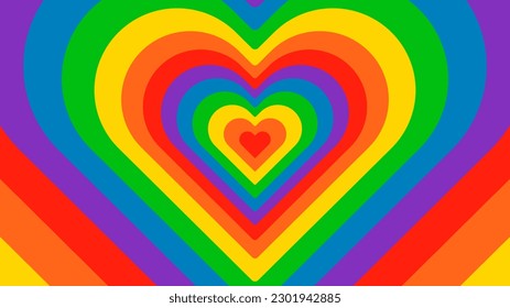 Background BG Rainbow Heart. Psychedelic Hypnotic Shaped Tunnel. Love LGBT Pride. Multicolored Wallpaper Shining Ray Scene Comic Cartoon Design.